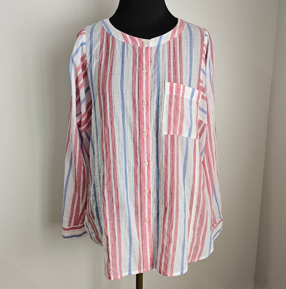 EUC LOFT Striped Red White and Blue L/S Cotton Blend Button Front Shirt Blouse M